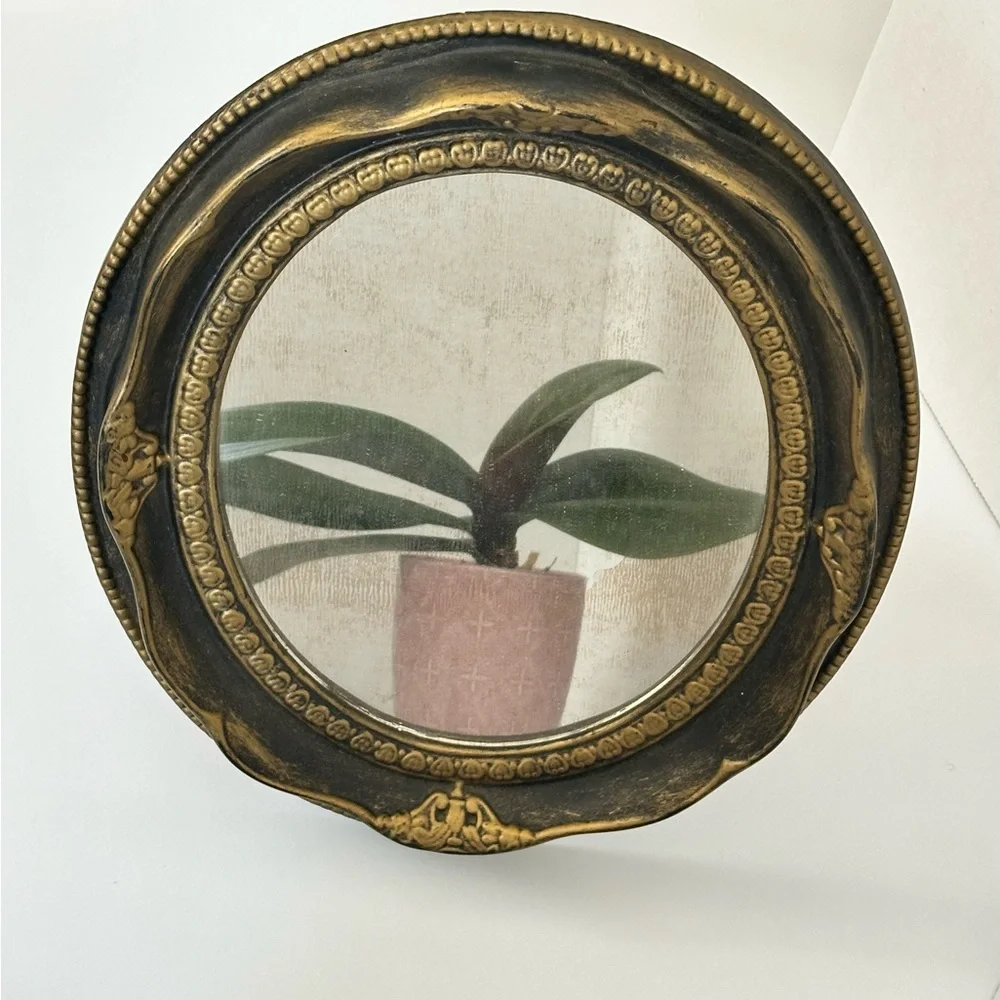 Gorgeous Vintage Mirror in Black & Burnished Gold with kick-stand on back